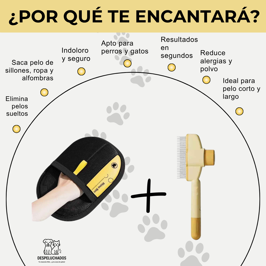 DUO QUITAPELOS PRO (GUANTE + PEINE) - ¡MENOS PELOS, MENOS ESTRÉS!